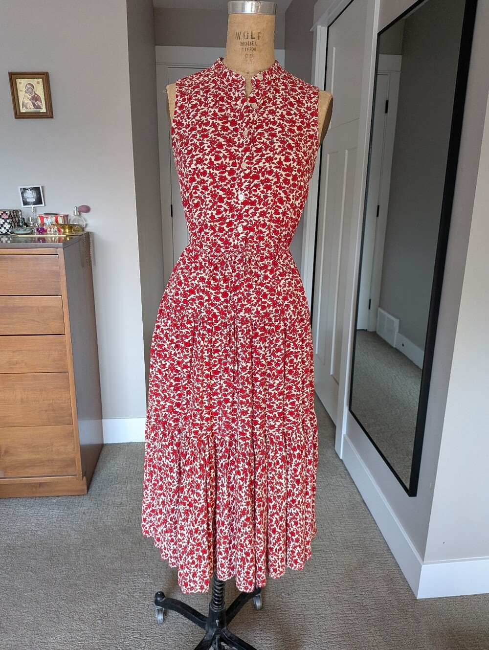 Sleeveless Red Floral Button-Front Women’s Tiered Dress With Drawstring Waist